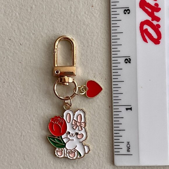 White Rabbit With Red Flower Keychain Purse Charm - Picture 3 of 3